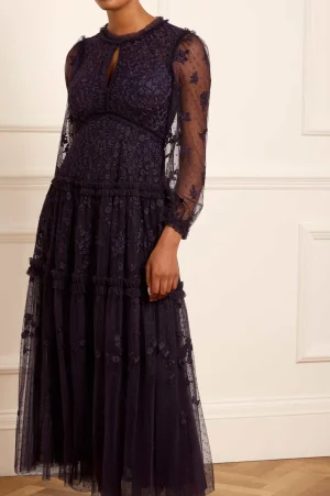 Evening Dresses | Embroidered Dresses^Needle & Thread Autumn Lace Long Sleeve Ankle Gown Blue