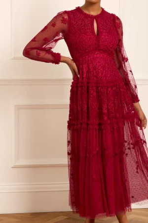 Evening Dresses | Embroidered Dresses^Needle & Thread Autumn Lace Long Sleeve Ankle Gown Red