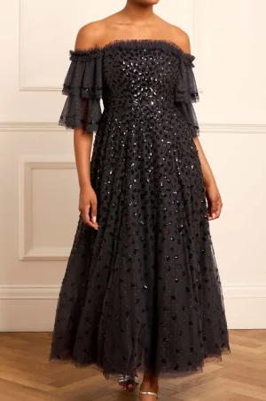 Evening Dresses | Embellished Dresses^Needle & Thread Autumn Leaves Off-Shoulder Ankle Gown Black