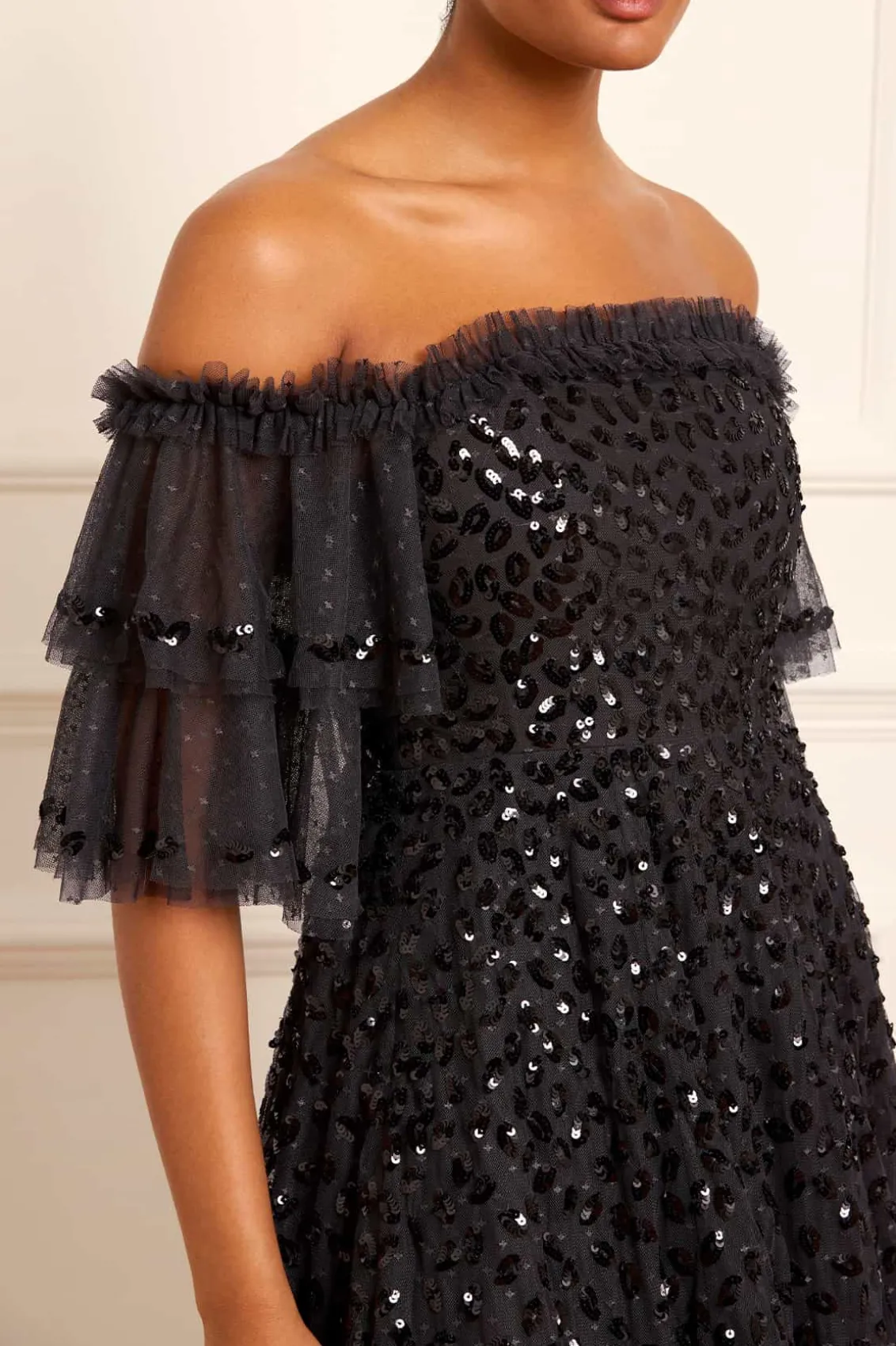 Evening Dresses | Embellished Dresses^Needle & Thread Autumn Leaves Off-Shoulder Ankle Gown Black