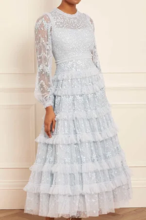 Embroidered Dresses | Responsibly Sourced^Needle & Thread Blossom Lace Ankle Gown Blue