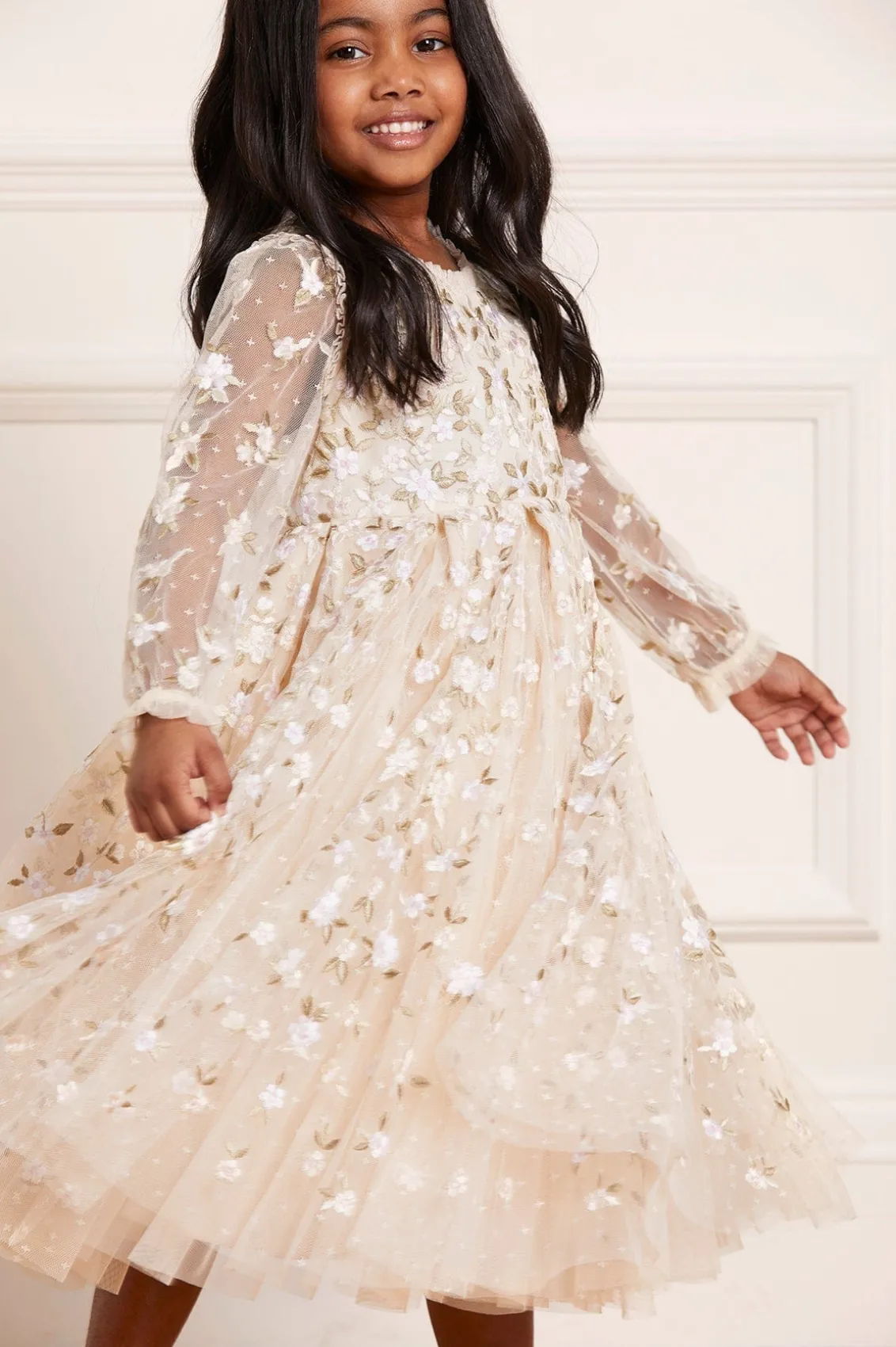 Mummy & Me | Flower Girl^Needle & Thread Camellia Ditsy Long Sleeve Kids Dress Champagne