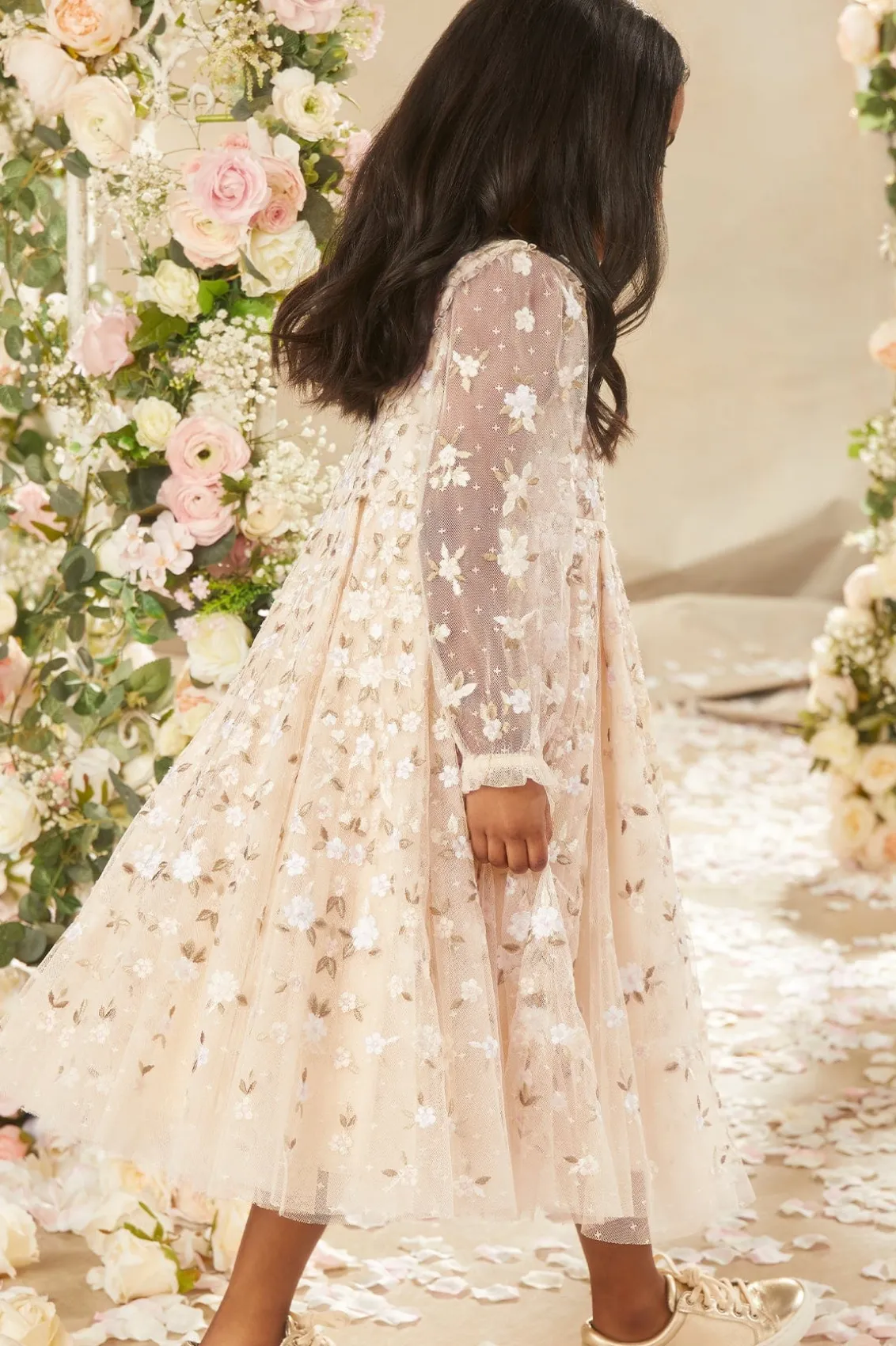 Mummy & Me | Flower Girl^Needle & Thread Camellia Ditsy Long Sleeve Kids Dress Champagne