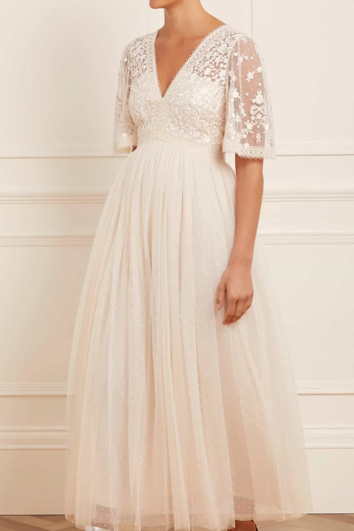 Bridal | Responsibly Sourced^Needle & Thread Celestia Ribbon Bodice Ankle Gown Champagne