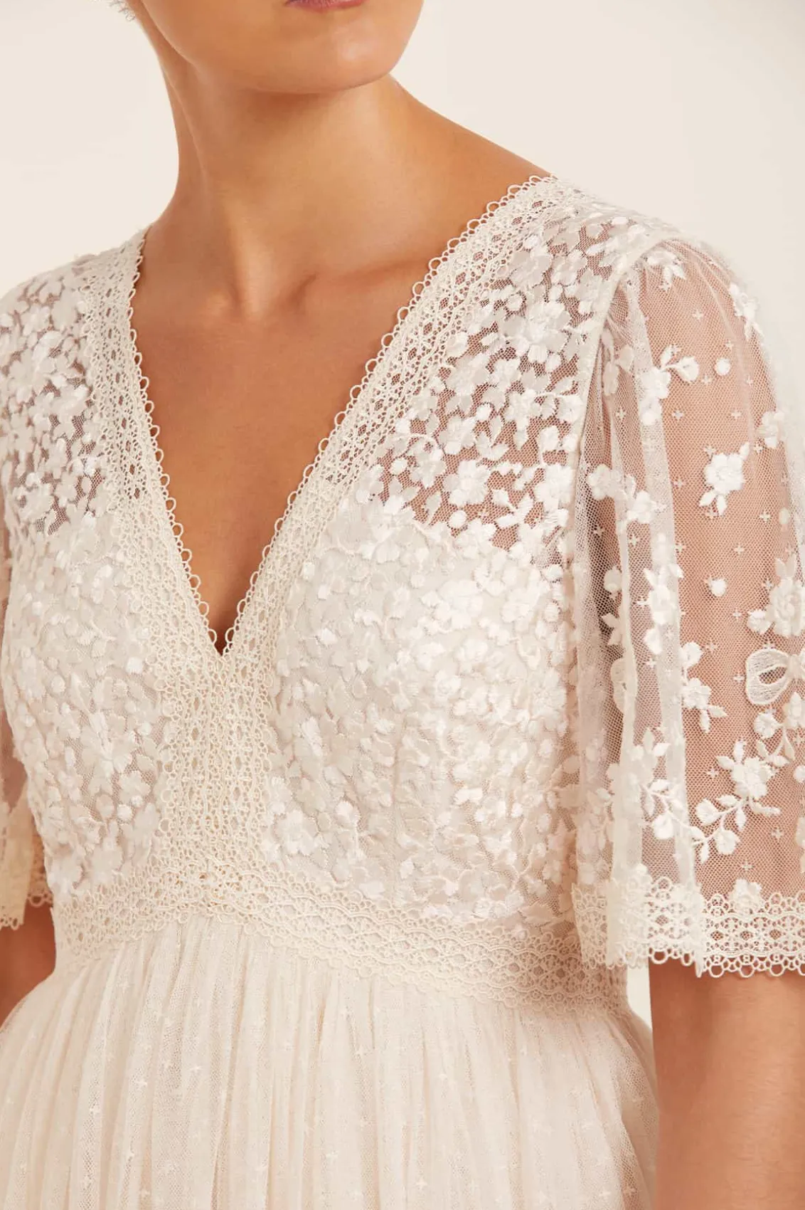 Bridal | Responsibly Sourced^Needle & Thread Celestia Ribbon Bodice Ankle Gown Champagne