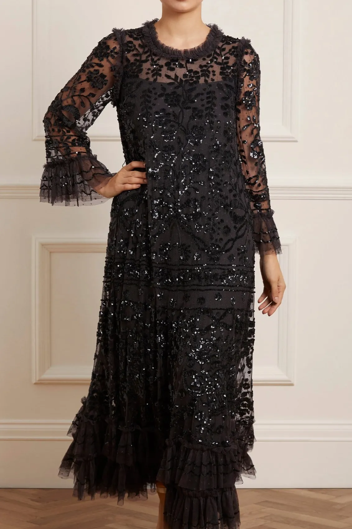 Evening Dresses | Responsibly Sourced^Needle & Thread Celia Long Sleeve Ankle Gown Black