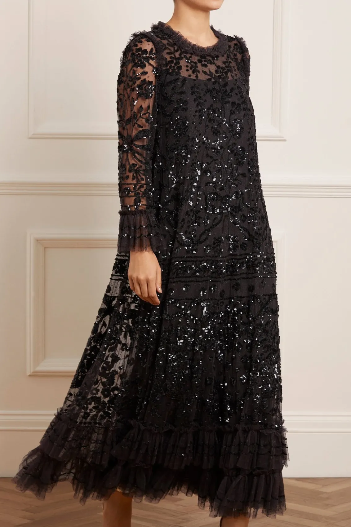 Evening Dresses | Responsibly Sourced^Needle & Thread Celia Long Sleeve Ankle Gown Black