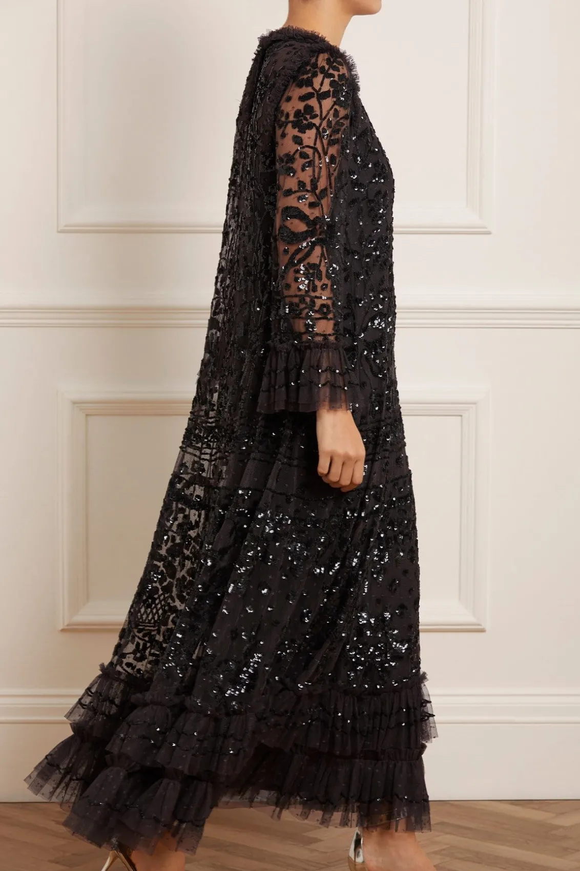 Evening Dresses | Responsibly Sourced^Needle & Thread Celia Long Sleeve Ankle Gown Black