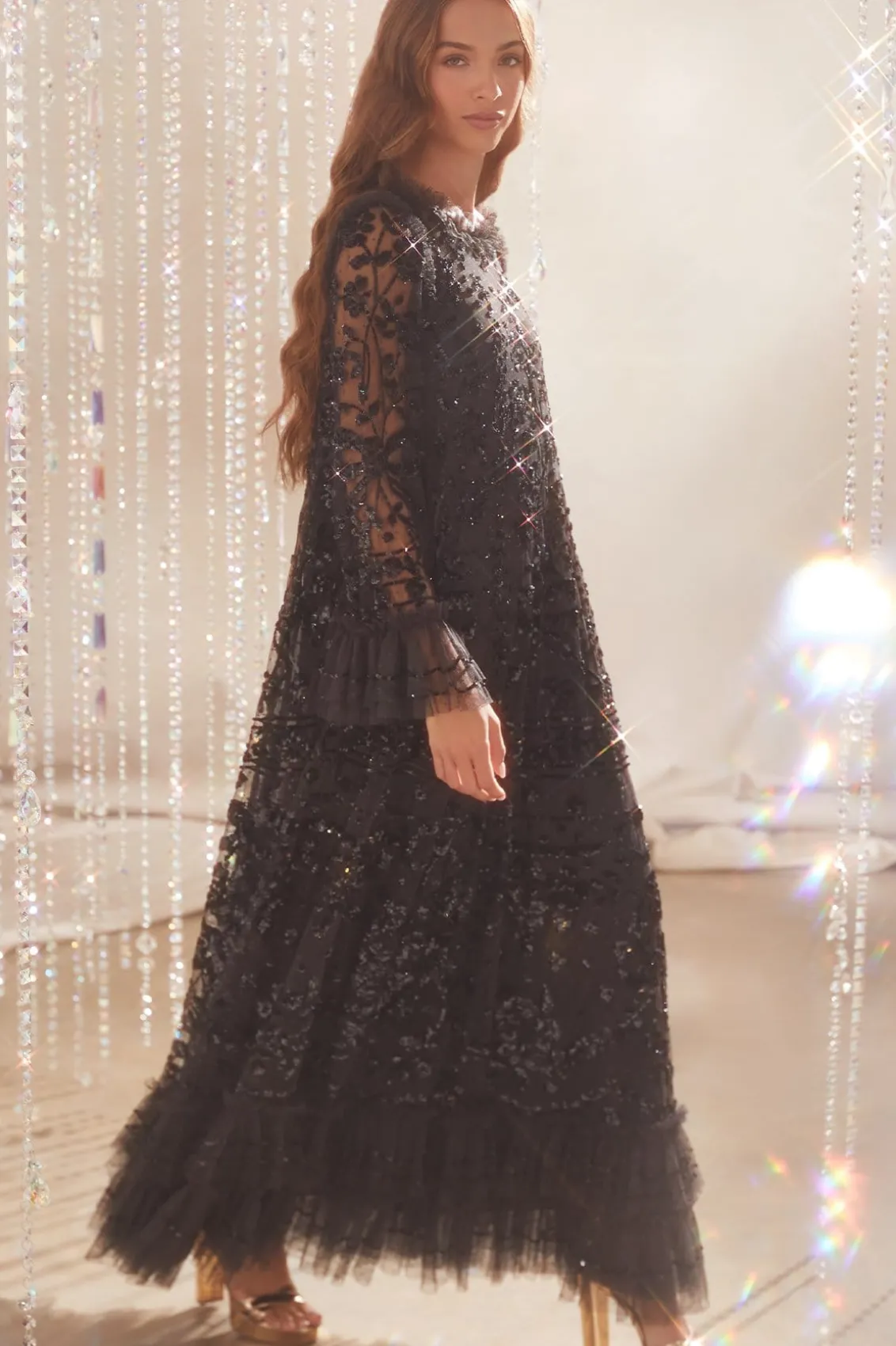 Evening Dresses | Responsibly Sourced^Needle & Thread Celia Long Sleeve Ankle Gown Black