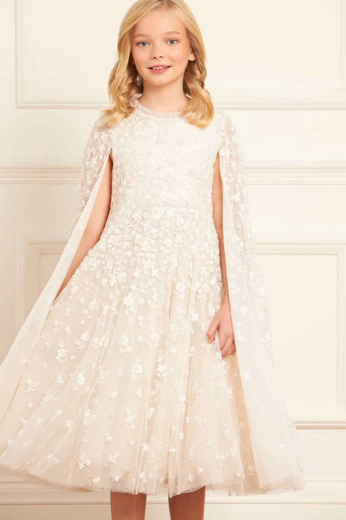 Mummy & Me | Flower Girl^Needle & Thread Dahlia Ditsy Cape Kids Dress Champagne