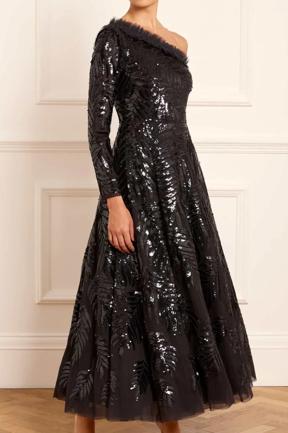 Evening Dresses | Embellished Dresses^Needle & Thread Feather Sequin One-Shoulder Ankle Gown Black