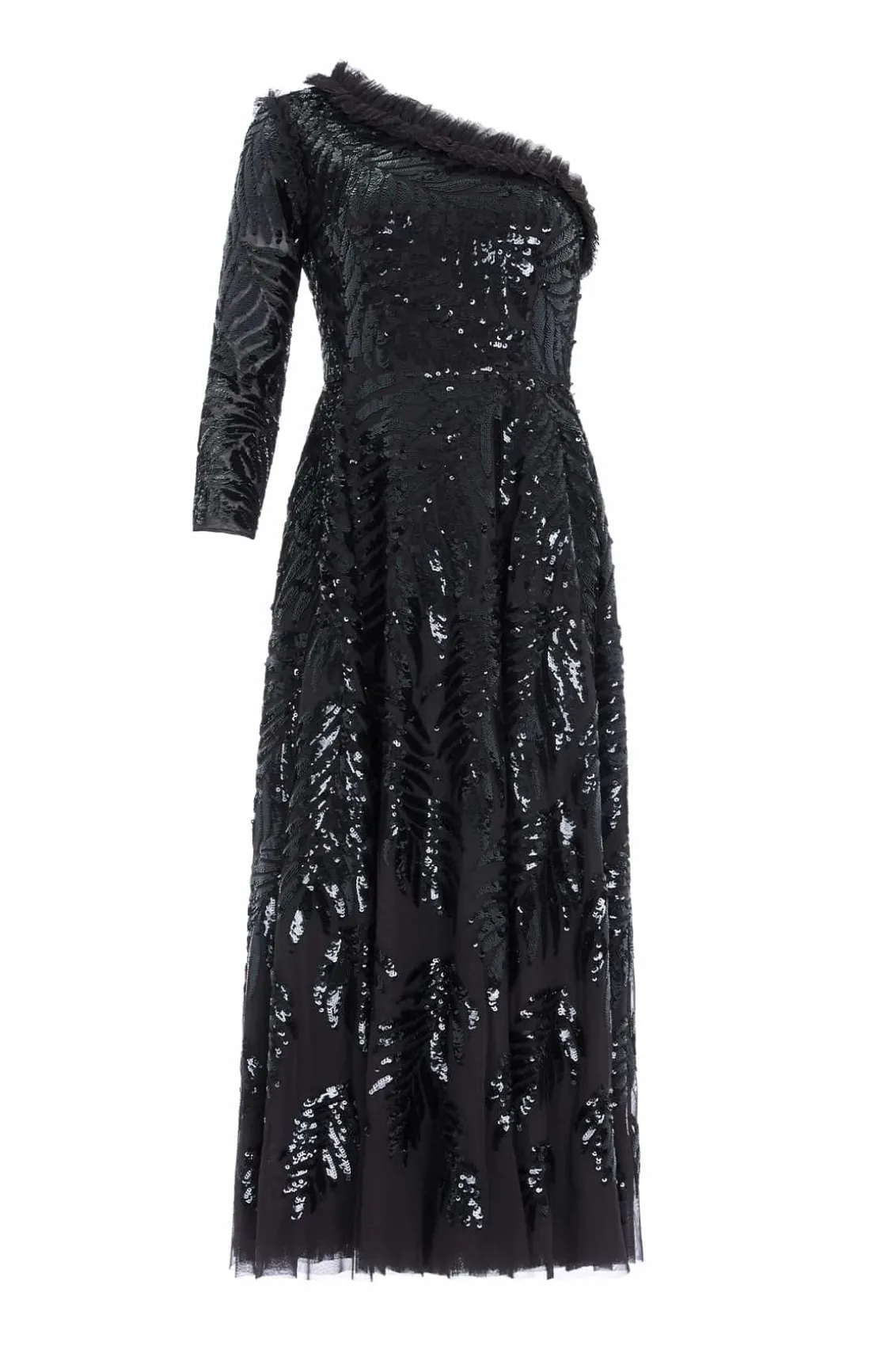 Evening Dresses | Embellished Dresses^Needle & Thread Feather Sequin One-Shoulder Ankle Gown Black
