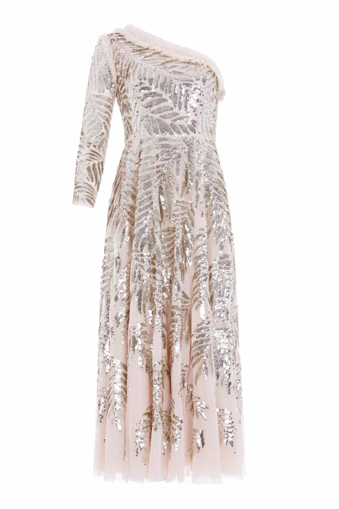 Embellished Dresses | Evening Dresses^Needle & Thread Feather Sequin One-Shoulder Ankle Gown Beige