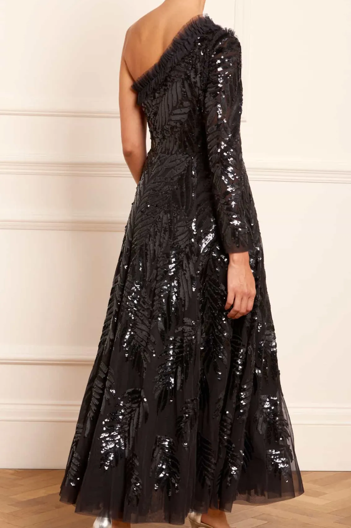 Evening Dresses | Embellished Dresses^Needle & Thread Feather Sequin One-Shoulder Ankle Gown Black