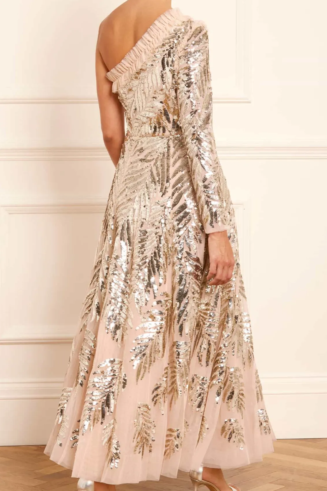 Embellished Dresses | Evening Dresses^Needle & Thread Feather Sequin One-Shoulder Ankle Gown Beige