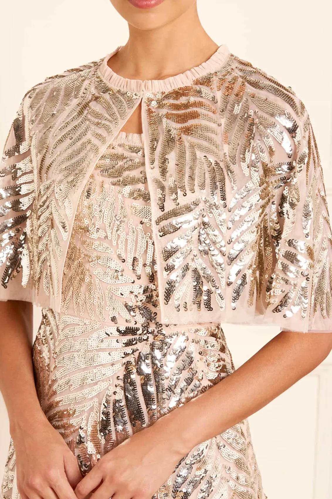 Responsibly Sourced | Capes^Needle & Thread Feather Sequin Short Open Cape Beige