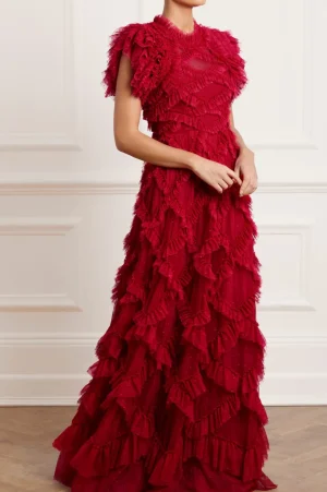 Evening Dresses | Dresses^Needle & Thread Genevieve Ruffle Gown Red