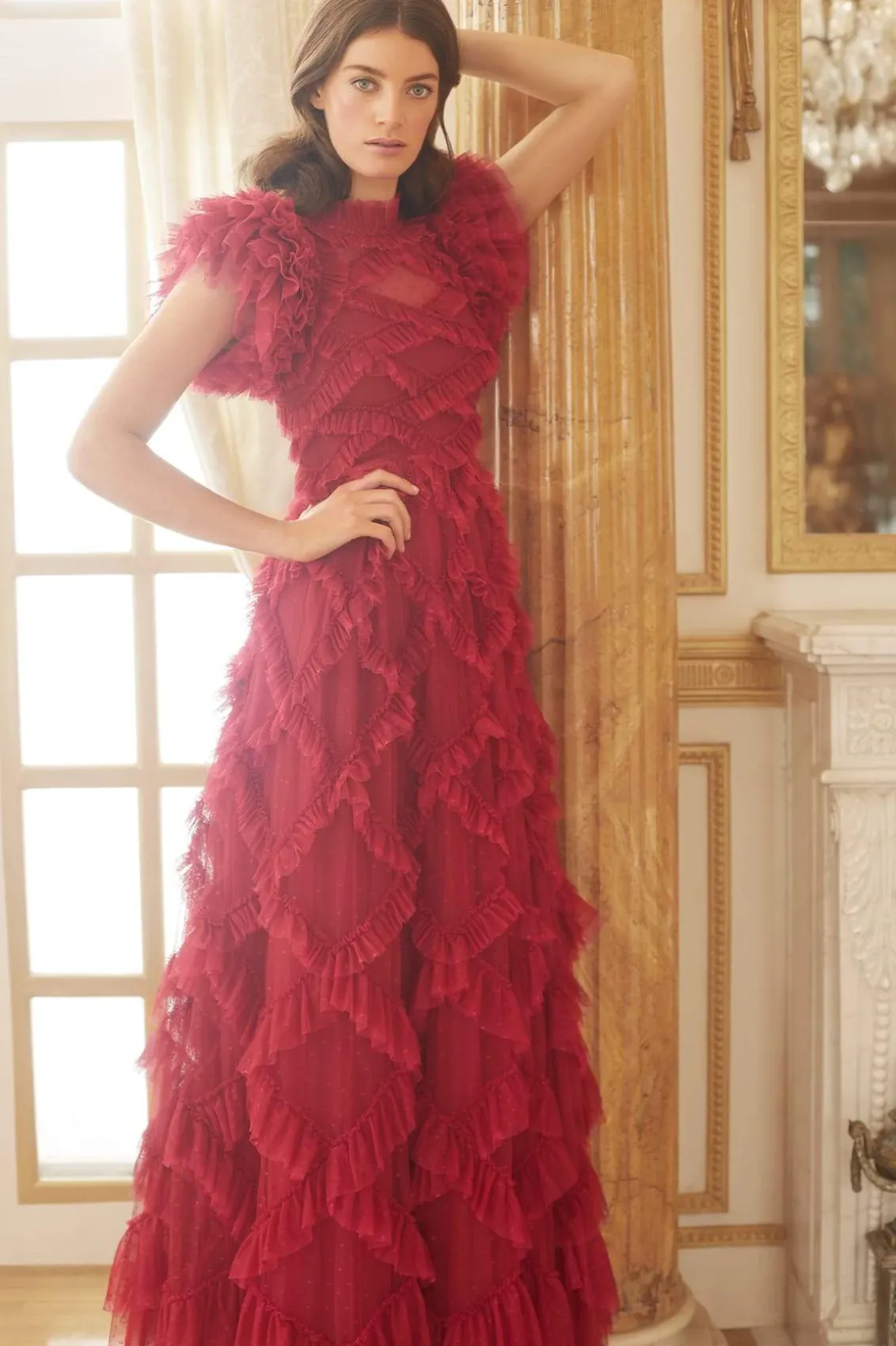 Evening Dresses | Dresses^Needle & Thread Genevieve Ruffle Gown Red
