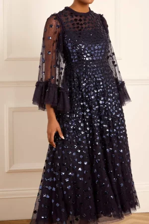 Embellished Dresses | Responsibly Sourced^Needle & Thread Glisten Long Sleeve Ankle Gown Blue