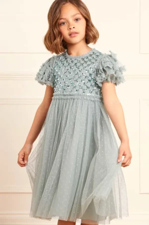 Kids Embellished Dresses | Kids Responsibly Sourced^Needle & Thread Heart Lattice Bodice Kids Dress Green