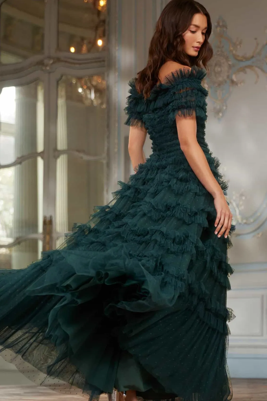 Evening Dresses | Responsibly Sourced^Needle & Thread Lisette Ruffle Off Shoulder Gown Green