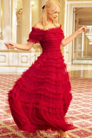 Responsibly Sourced | Dresses^Needle & Thread Lisette Ruffle Off Shoulder Gown Red