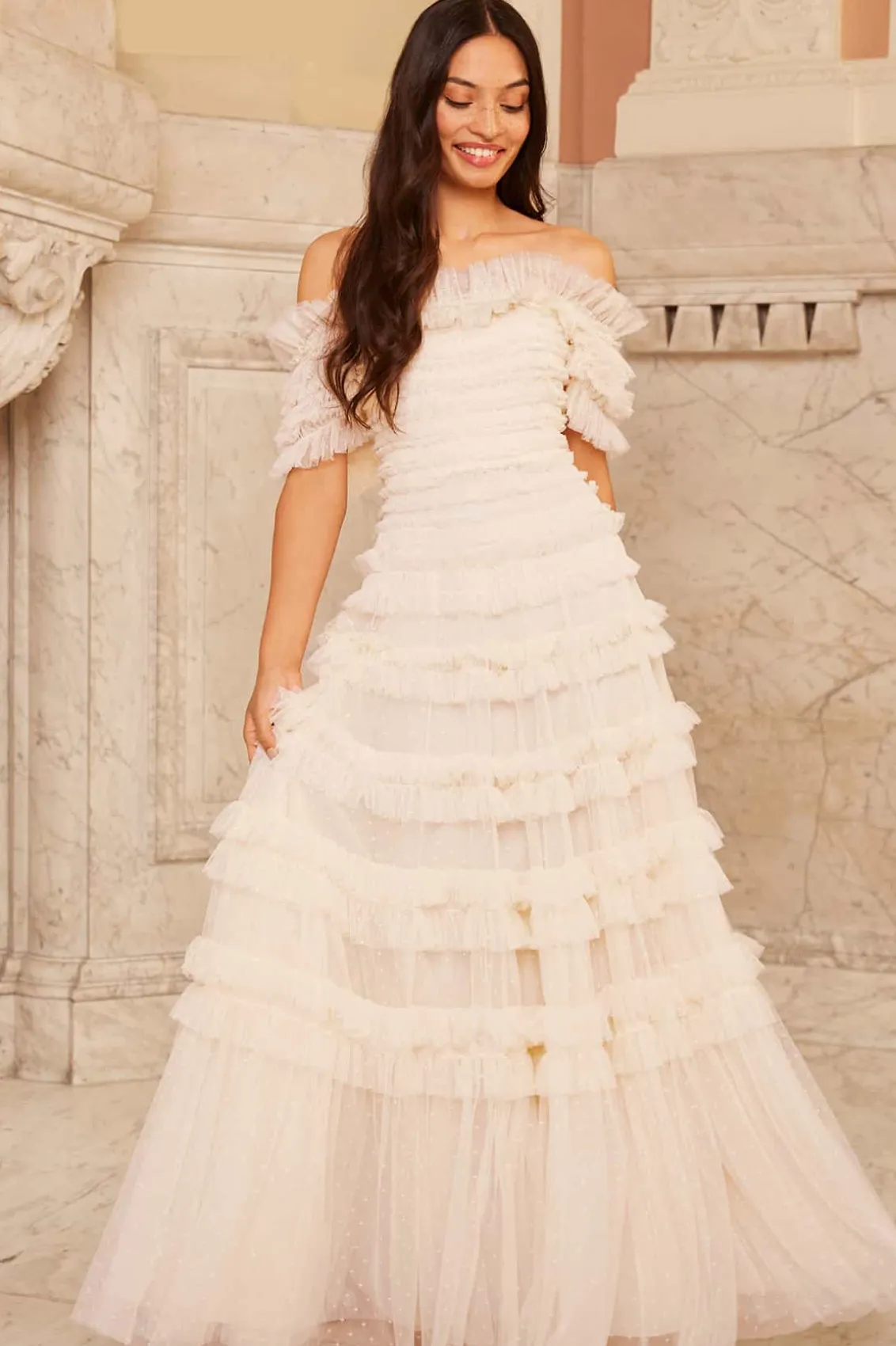 Bridal | Mummy & Me^Needle & Thread Lisette Ruffle Off Shoulder Gown Champagne