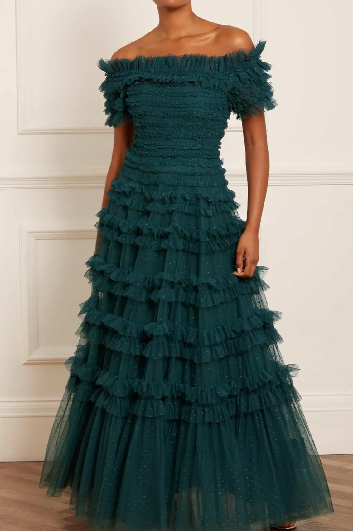Evening Dresses | Responsibly Sourced^Needle & Thread Lisette Ruffle Off Shoulder Gown Green