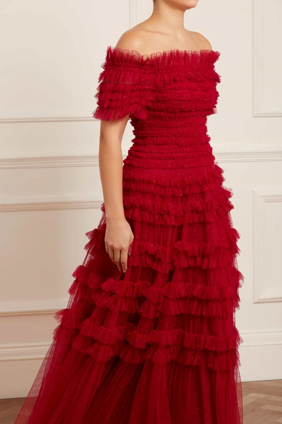 Responsibly Sourced | Dresses^Needle & Thread Lisette Ruffle Off Shoulder Gown Red