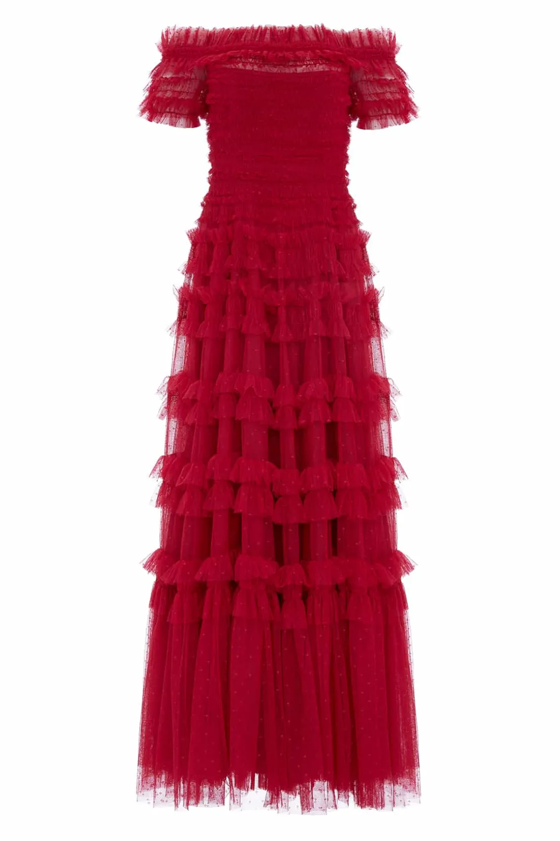 Responsibly Sourced | Dresses^Needle & Thread Lisette Ruffle Off Shoulder Gown Red