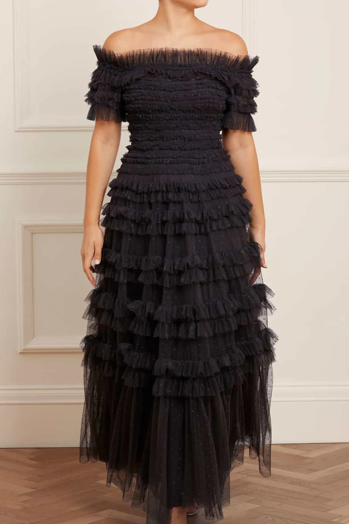 Evening Dresses | Responsibly Sourced^Needle & Thread Lisette Ruffle Off Shoulder Gown Black