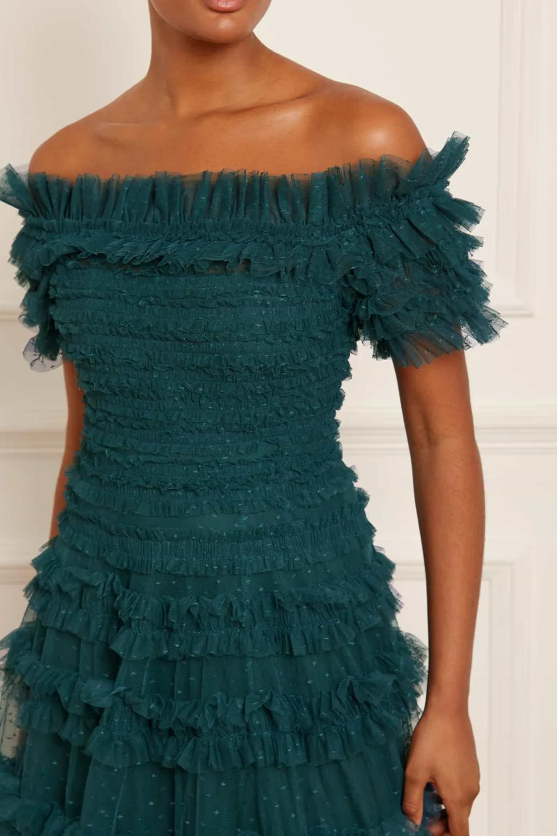 Evening Dresses | Responsibly Sourced^Needle & Thread Lisette Ruffle Off Shoulder Gown Green