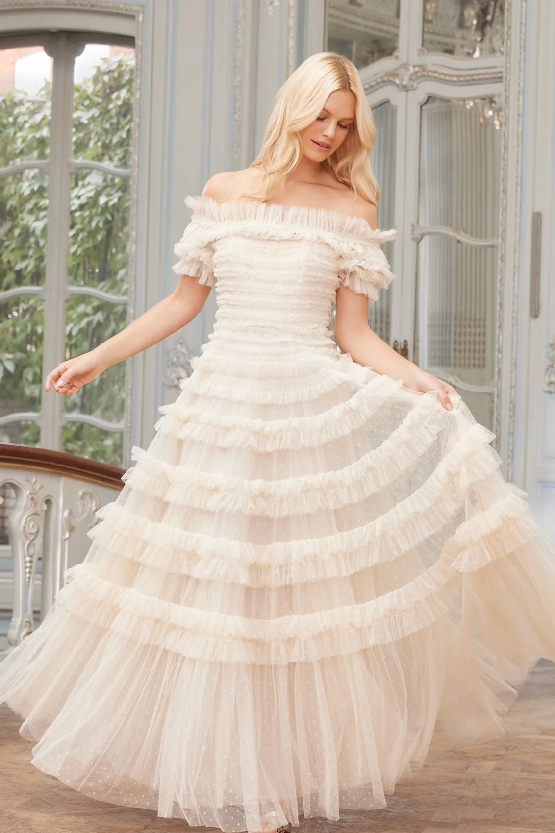 Bridal | Mummy & Me^Needle & Thread Lisette Ruffle Off Shoulder Gown Champagne