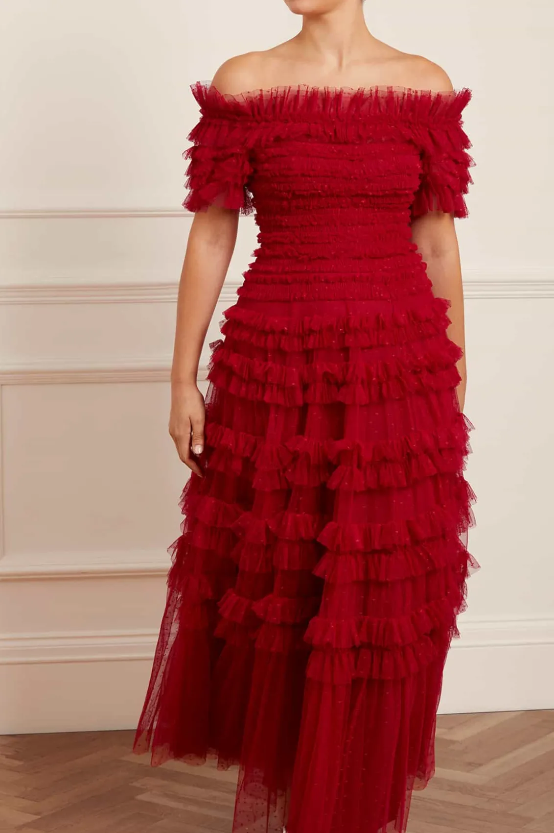 Responsibly Sourced | Dresses^Needle & Thread Lisette Ruffle Off Shoulder Gown Red
