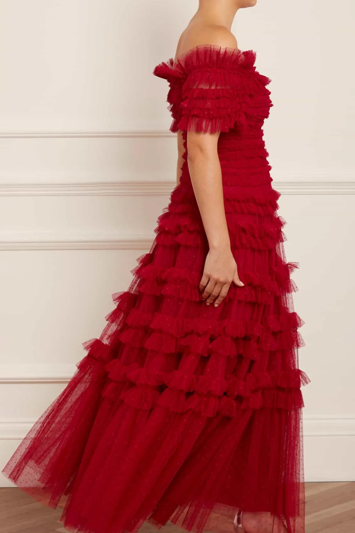 Responsibly Sourced | Dresses^Needle & Thread Lisette Ruffle Off Shoulder Gown Red