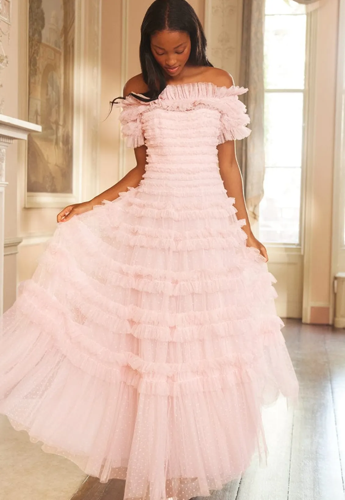 Mummy & Me | Evening Dresses^Needle & Thread Lisette Ruffle Off Shoulder Gown Pink