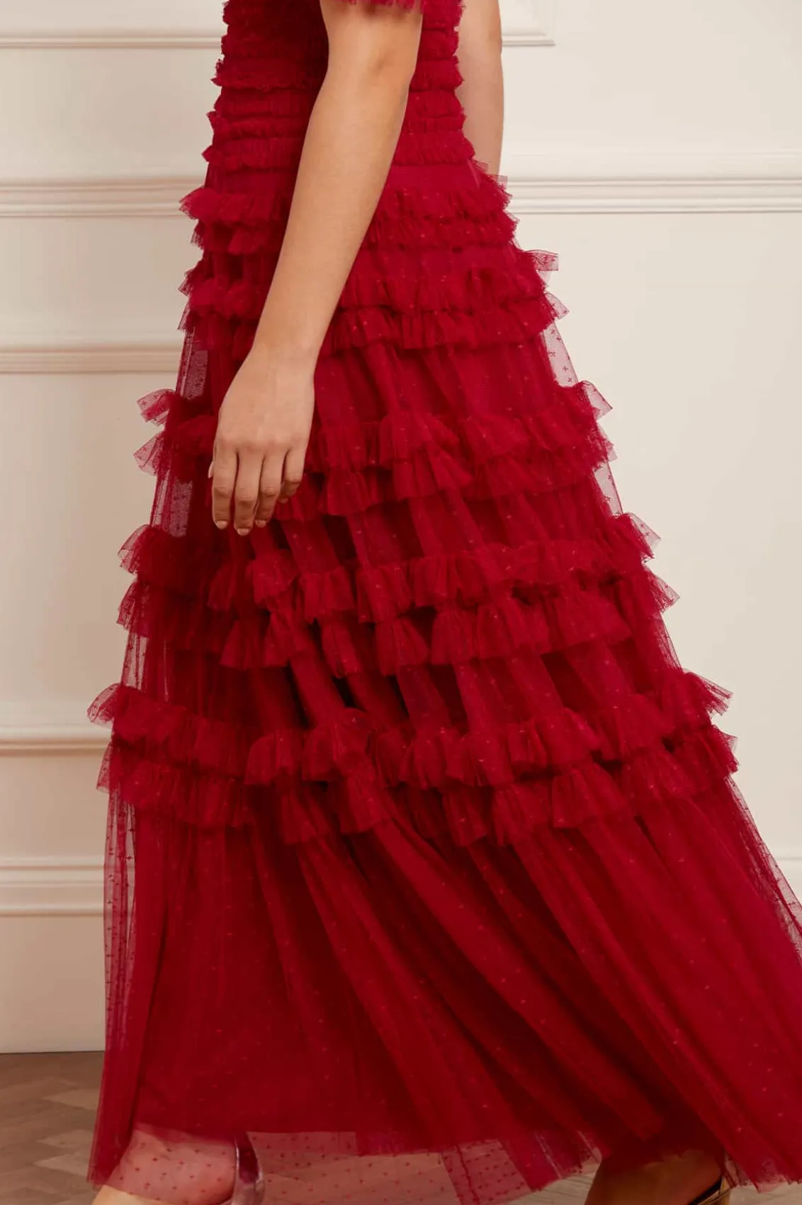 Responsibly Sourced | Dresses^Needle & Thread Lisette Ruffle Off Shoulder Gown Red