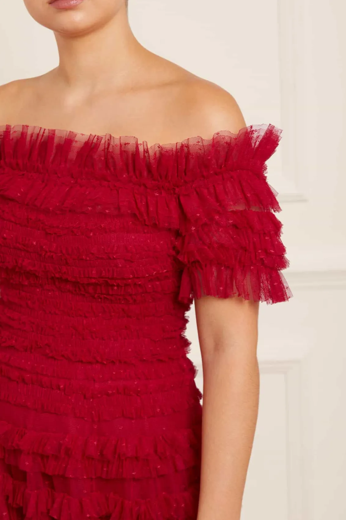 Responsibly Sourced | Dresses^Needle & Thread Lisette Ruffle Off Shoulder Gown Red