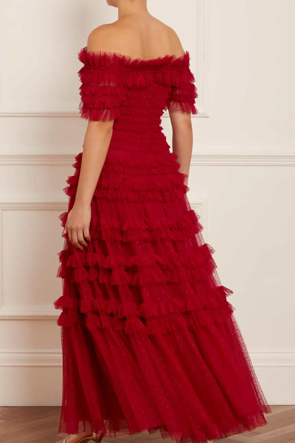 Responsibly Sourced | Dresses^Needle & Thread Lisette Ruffle Off Shoulder Gown Red