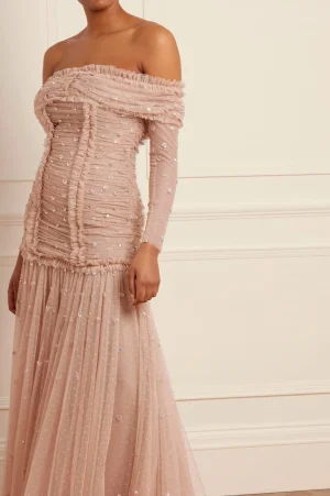 Embellished Dresses | Responsibly Sourced^Needle & Thread Love Heart Rouched Off-Shoulder Gown Beige