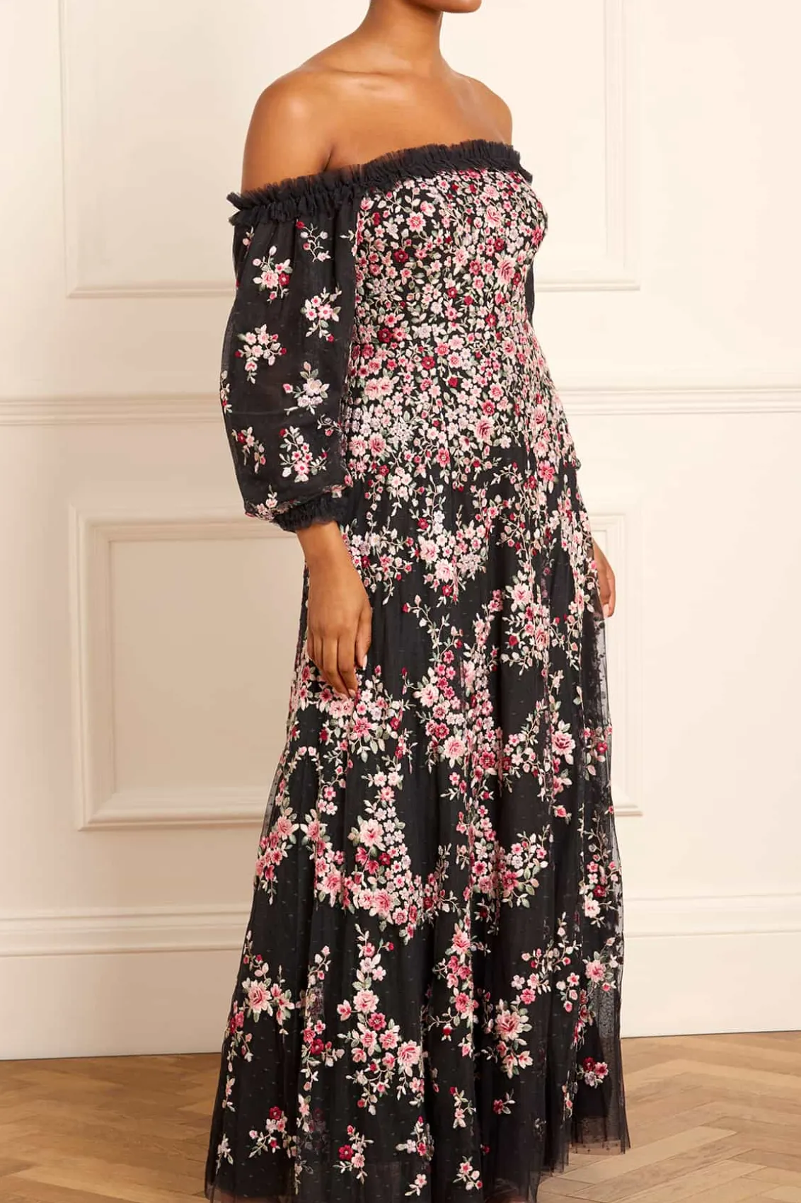 Mummy & Me | Evening Dresses^Needle & Thread Lunaria Wreath Off-Shoulder Long Sleeve Gown Black