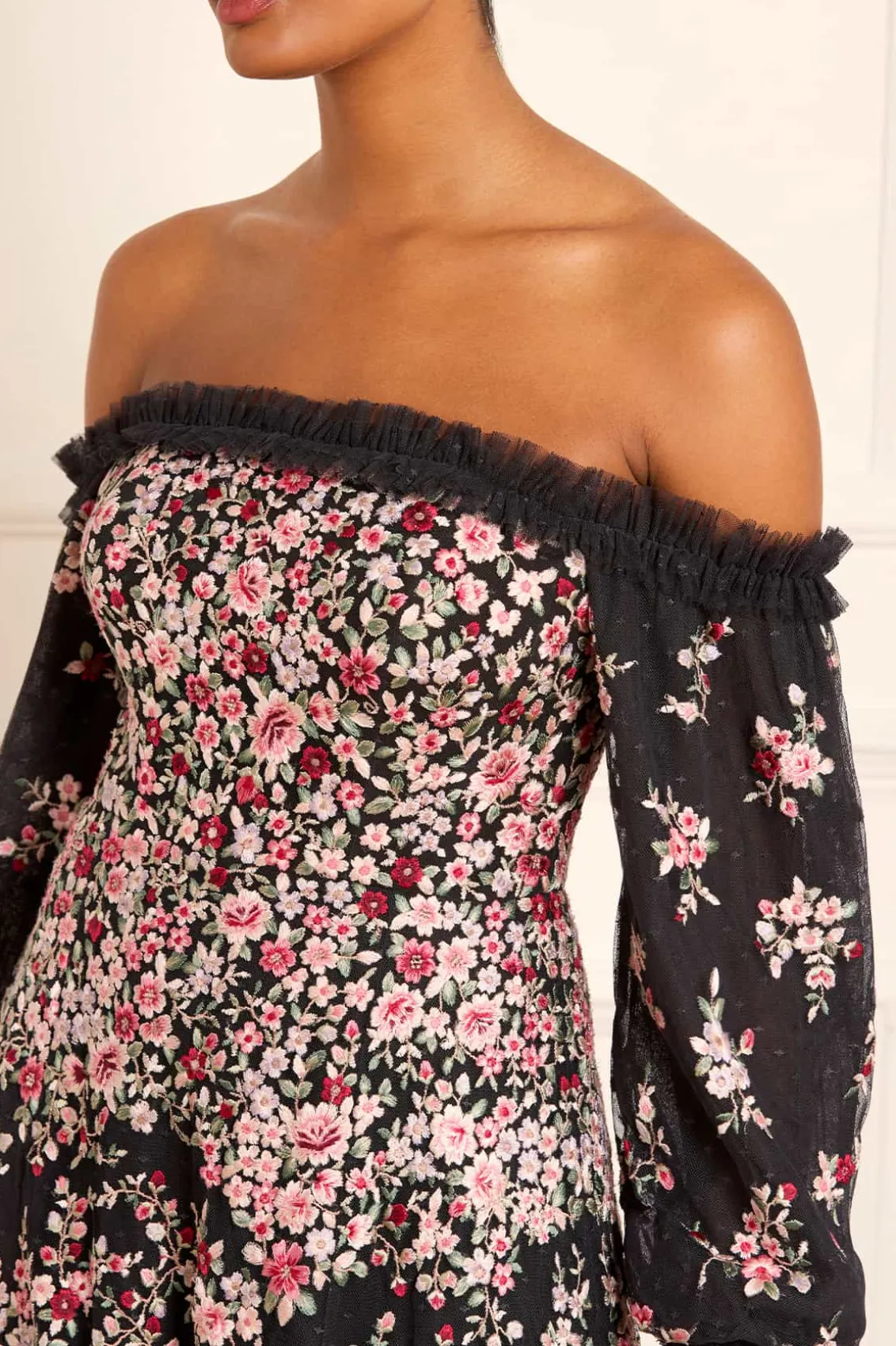 Mummy & Me | Evening Dresses^Needle & Thread Lunaria Wreath Off-Shoulder Long Sleeve Gown Black