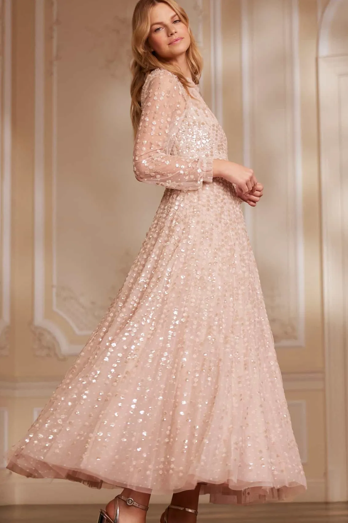 Evening Dresses | Embellished Dresses^Needle & Thread Raindrop Long Sleeve Ankle Gown Beige