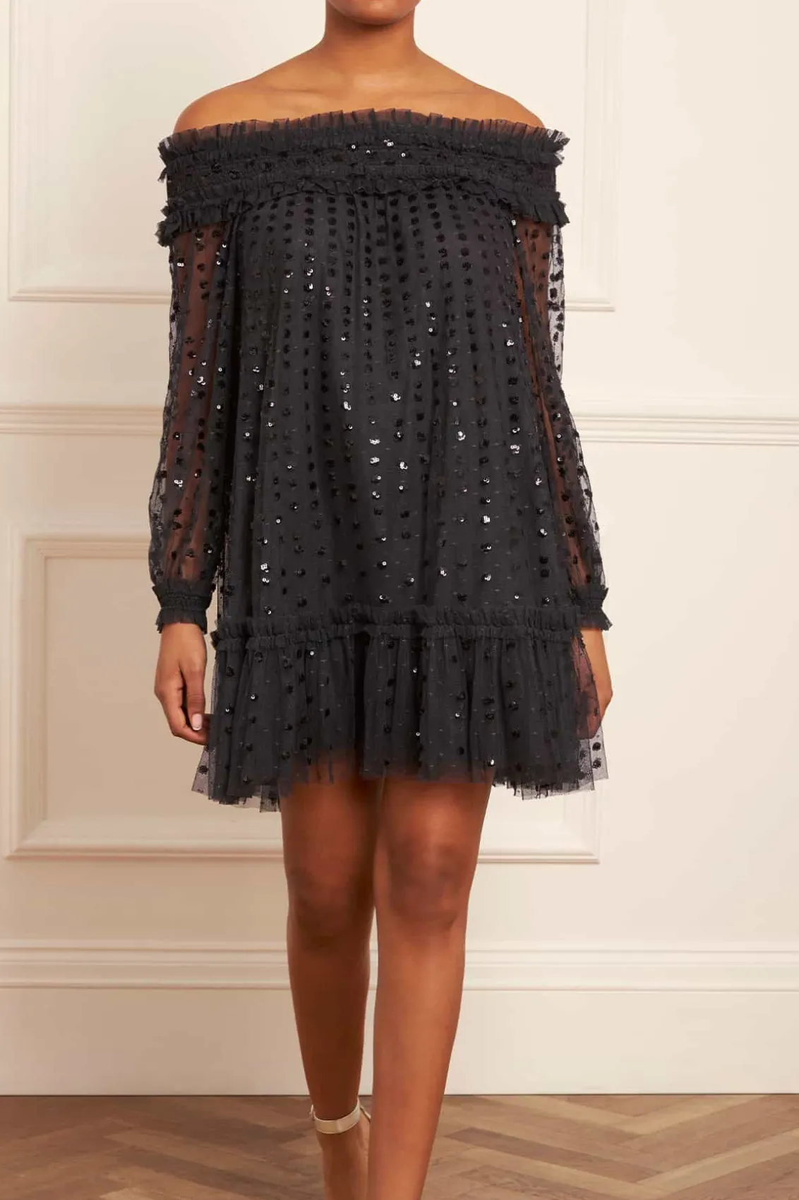 Mini Dresses^Needle & Thread Raindrop Smocked Off-Shoulder Micro Mini Dress Black