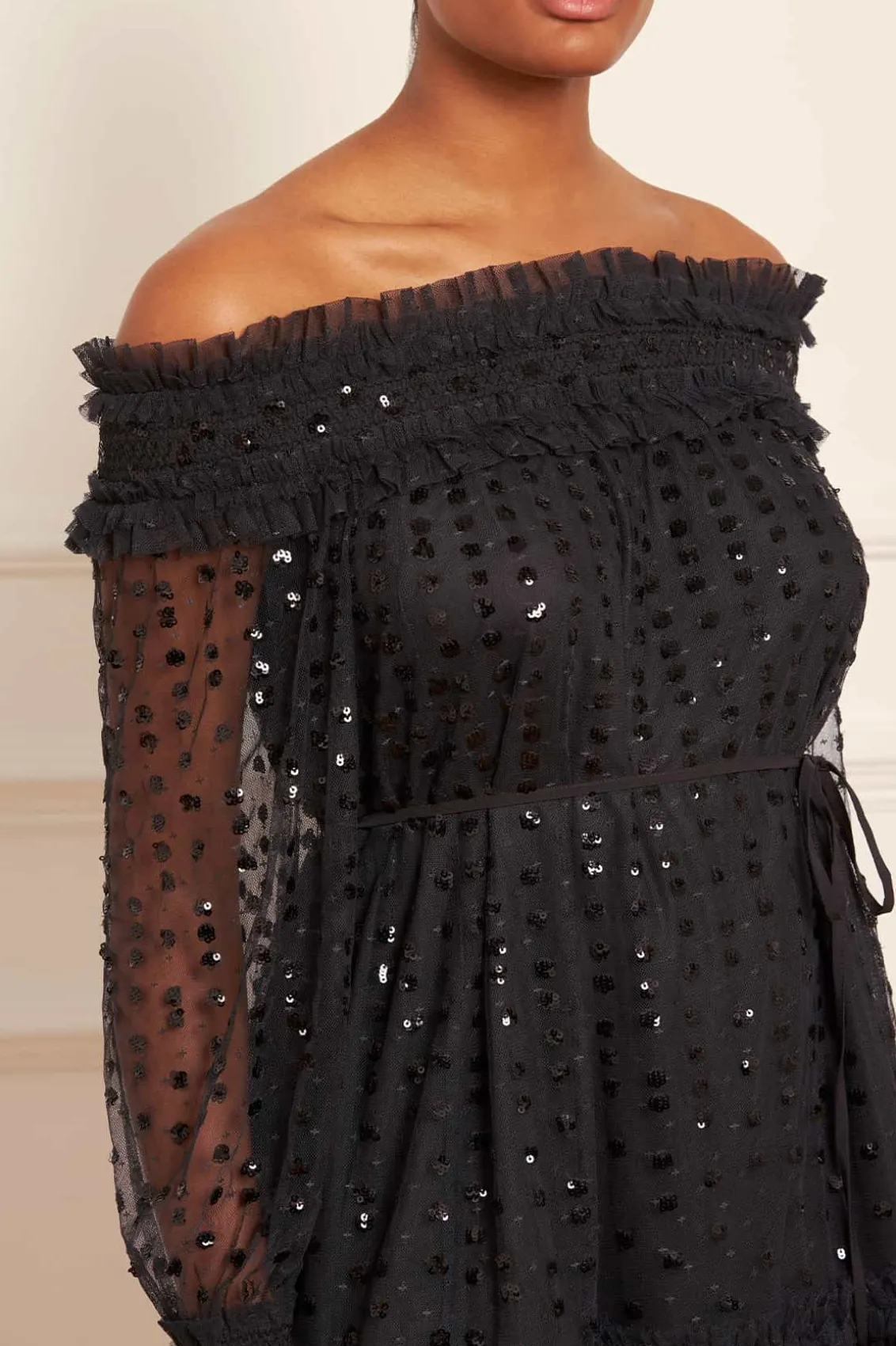 Mini Dresses^Needle & Thread Raindrop Smocked Off-Shoulder Micro Mini Dress Black