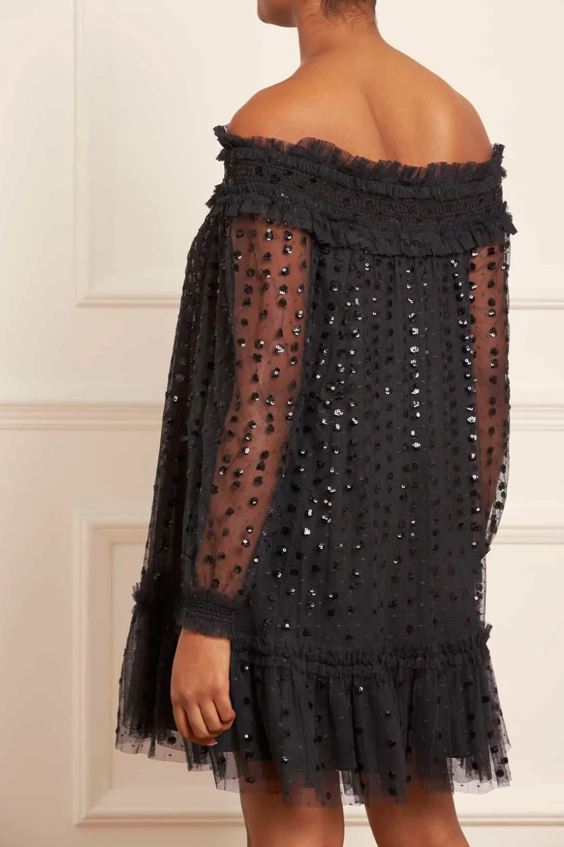 Mini Dresses^Needle & Thread Raindrop Smocked Off-Shoulder Micro Mini Dress Black