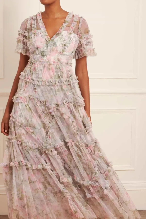 Powder Pink Ruffle Dress Evening Dresses | Printed Dresses^Needle & Thread Rose Powder Ruffle ...