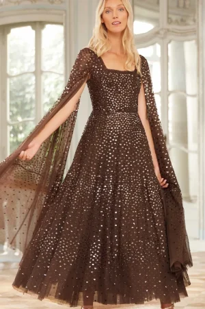 Embellished Dresses | Evening Dresses^Needle & Thread Scatter Dot Cape Sleeve Ankle Gown Brown