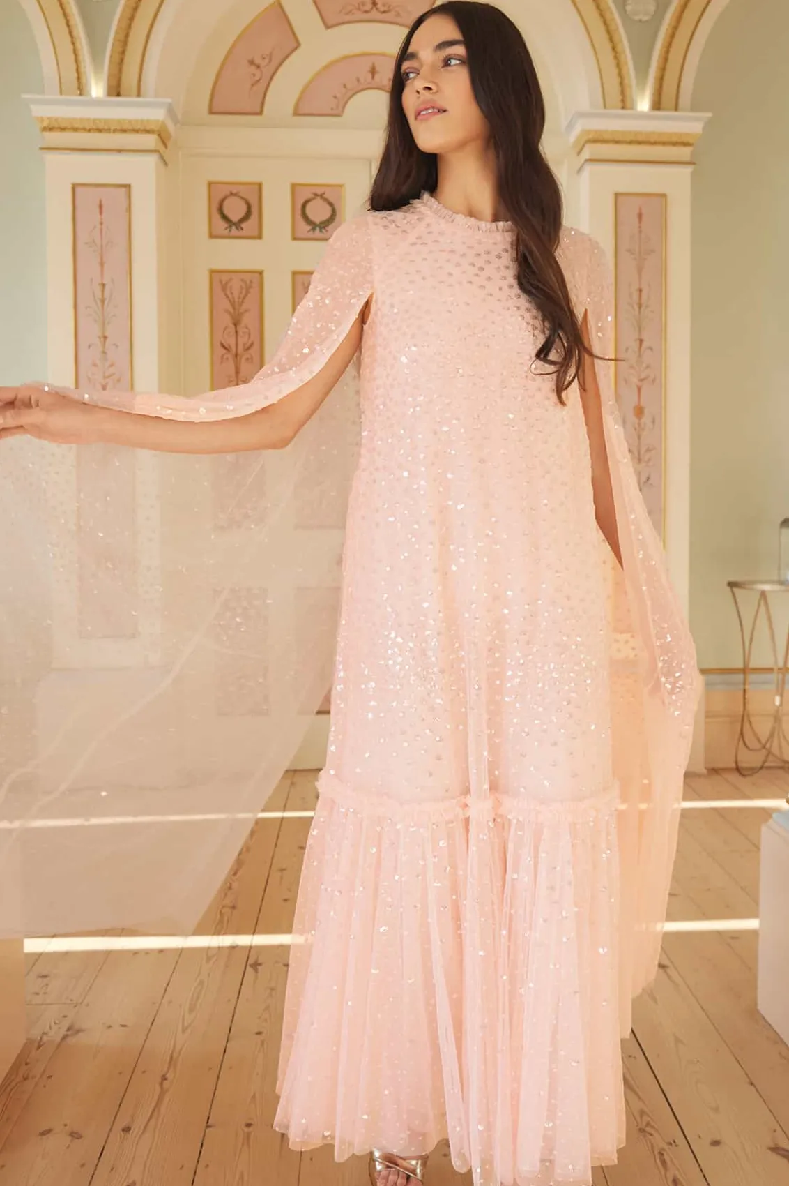 Evening Dresses | Embellished Dresses^Needle & Thread Scatter Dot Cape Tiered Ankle Gown Pink