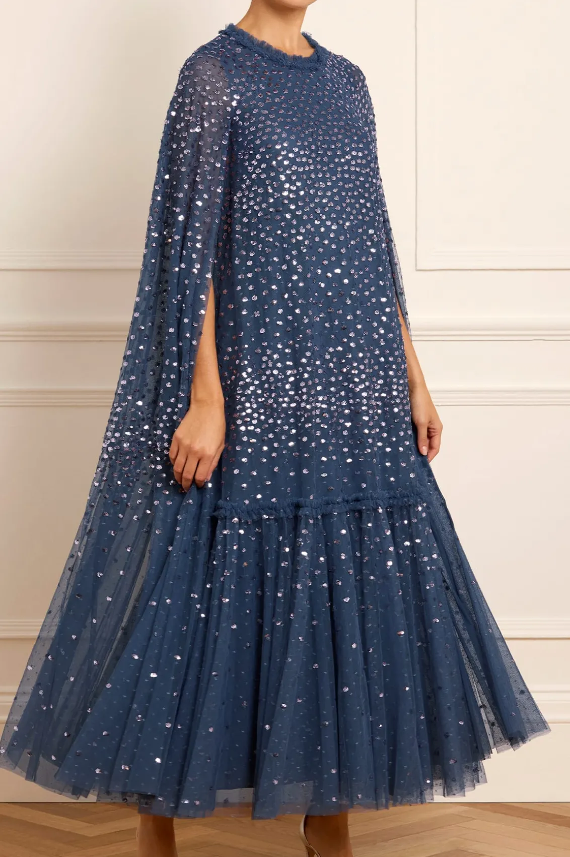 Evening Dresses | Responsibly Sourced^Needle & Thread Scatter Dot Cape Tiered Ankle Gown Blue
